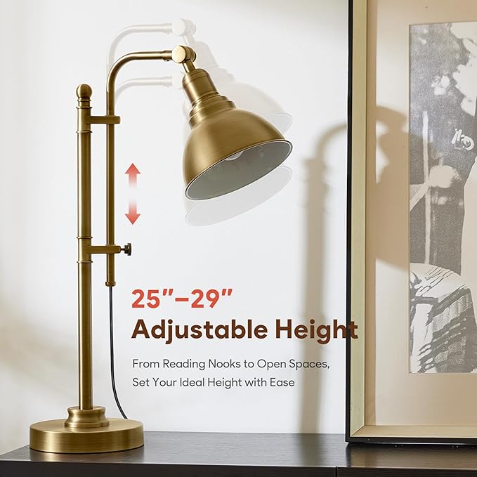 VONLUCE Rustic Desk Lamp Brass Adjustable, Industrial Style Metal Task Lamps 25"-29", Vintage Work Light, Farmhouse Reading Lamp in Brushed Brass Finish, ETL Certificate
