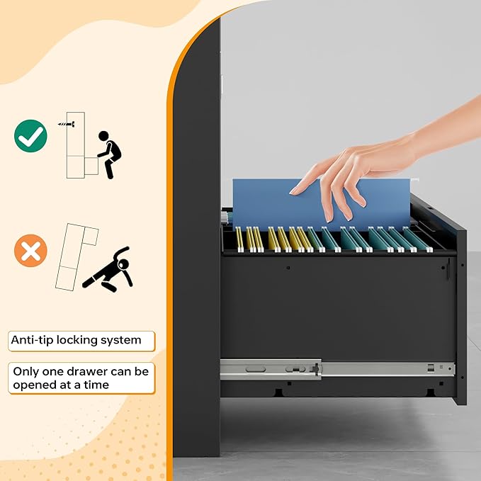 Lateral File Cabinet with Lock, 3 Drawer Metal Filing Cabinet, Lateral Filing Cabinet with Lock for Home Office, Locking Metal Steel Wide File Cabinet for Legal/Letter A4 Size