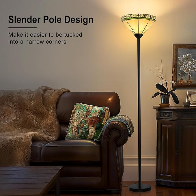 Floor Lamp with Stained Glass Shade, Vintage Style Torchiere Standing Lamp, Tall Pole Lamp with Foot Switch, Mid Century Modern Decorative Corner Light for Living Room Bedroom Home Office(E26 Base)