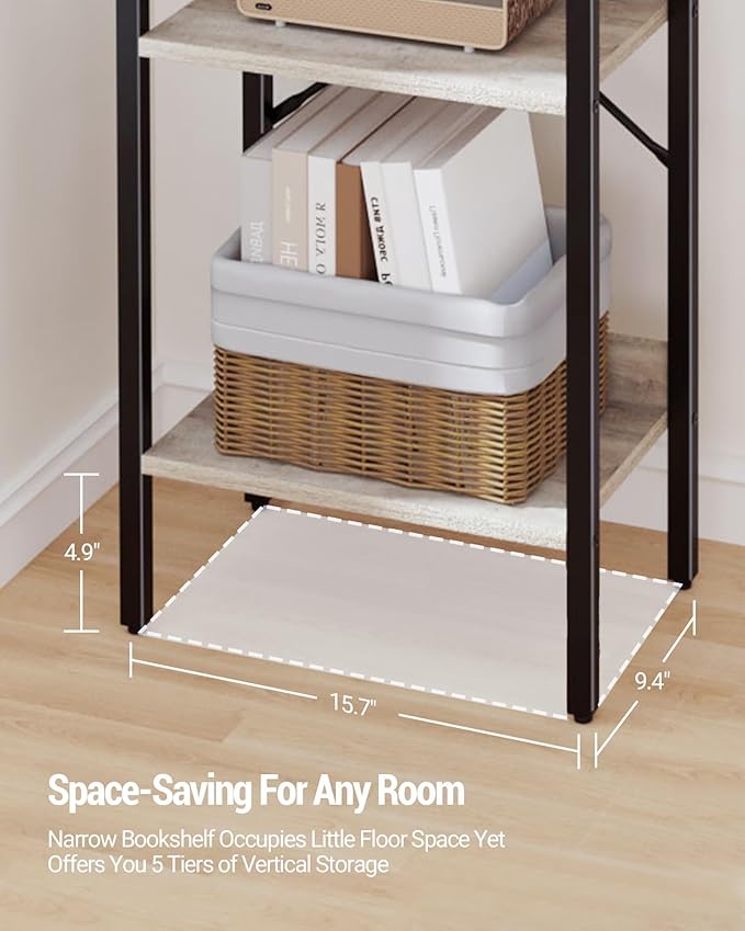 Bookshelf, Book Shelf, Industrial Bookcase with 2 Hooks, Coner Shelf Storage Organizer for Home Office, Living Room, Bedroom, Kitchen, 5-Tier Greige BC10505B