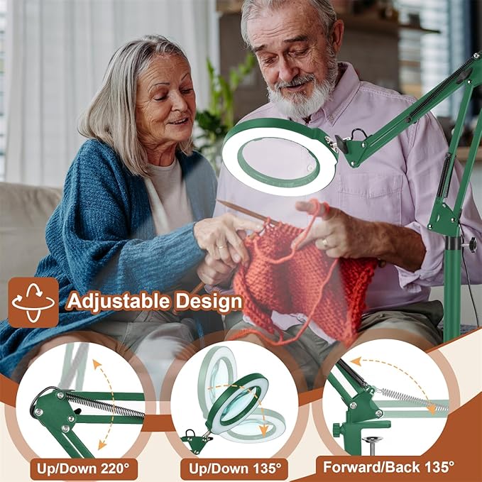 LANCOSC 10X Magnifying Glass with Light and Stand, 3-in-1 Adjustable Swing Floor Lamp, 5 Color Modes Stepless Dimmable, LED Lighted Hands Free Magnifier & Clamp for Reading, Crafts, Painting - Green