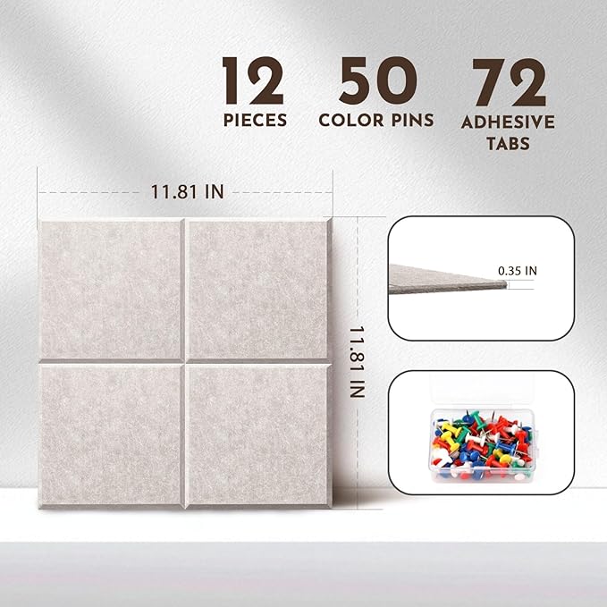 MISSDAY Oatmeal Acoustic Wall Panel Felt Bulletin Board 48" x 36" Cork Board for Wall, 12-Pack Boards with 72 Removable Adhesive Tabs, 50 Pins, Pin Board for Home Office Classroom Soundproof Wall Tile