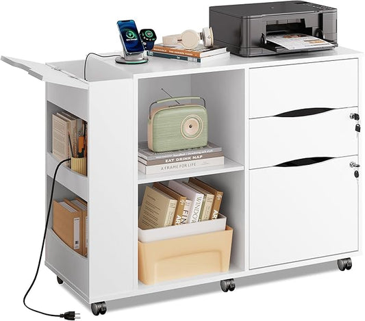DEVAISE File Cabinet with Lock, 3 Drawer Rolling Mobile Lateral Filing Cabinets with Charging Station Printer Stand with Open Storage Shelves Fits A4 or Letter Size for Home Office White