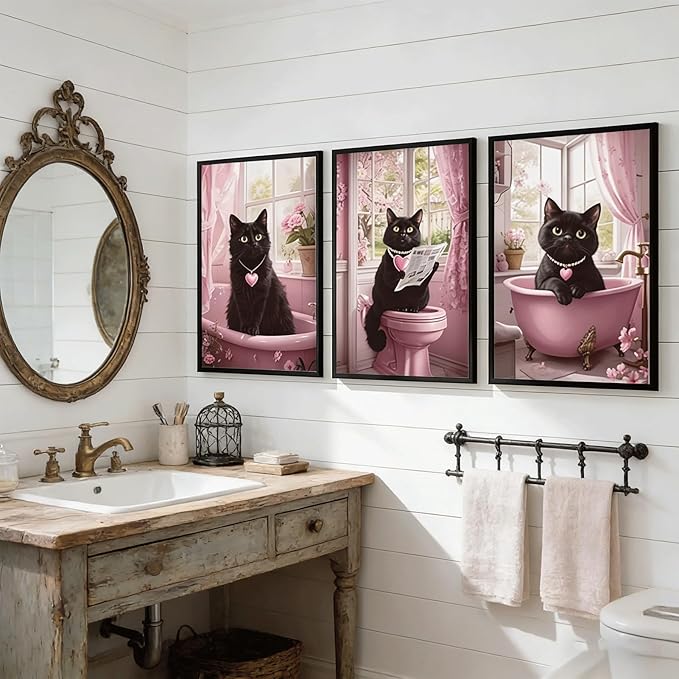3Pcs Funny Black Cat Bathroom Wall Art Cute Pets Cat Reading Newspaper On The Toilet Painting Pictures Wall Decor Pink Animal Posters Prints for Bathroom Toilet Decorations 12x16 Inch Unframed