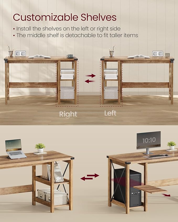 VASAGLE Computer Desk, Home Office Desk with Storage Shelves on Right or Left, Farmhouse, for Work Study Gaming Writing, 23.6 x 47.2 x 29.5 Inches, Honey Brown ULWDAM090T41