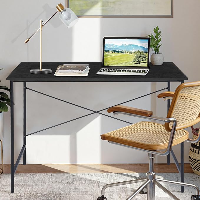FurnitureR Home Office Desk 47.2-Inch, Simple Computer Desk with Sturdy Metal Legs, Multi-Purpose Writing Table for Students, Work, or Study, Black