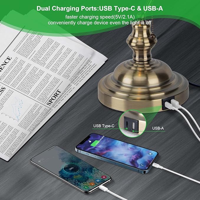 Green Bankers Lamp with Pull Switch, Retro Desk Lamp with USB & Type C Charging Ports, Antique Library Lamp for Home Office, Library, Study Room