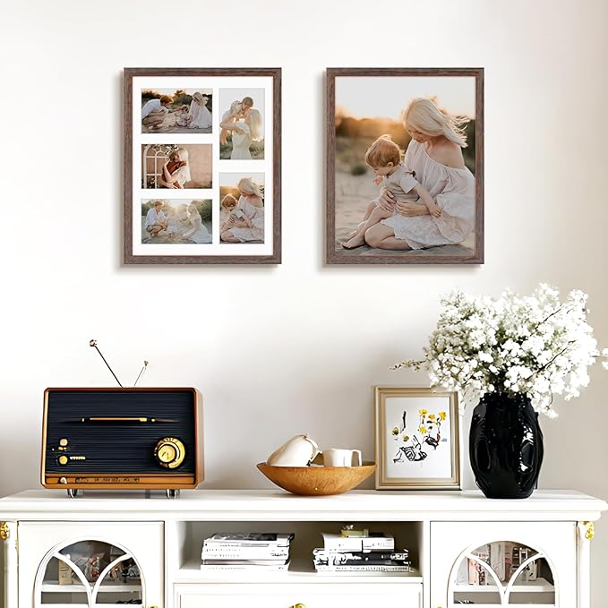 Golden State Art, 11x14 Distressed Brown Wood Frame with White Mat - Displays Five 4x6 Photos - Real Glass, Sawtooth Hangers, Swivel Tabs - Wall Mounting, Landscape, Portrait