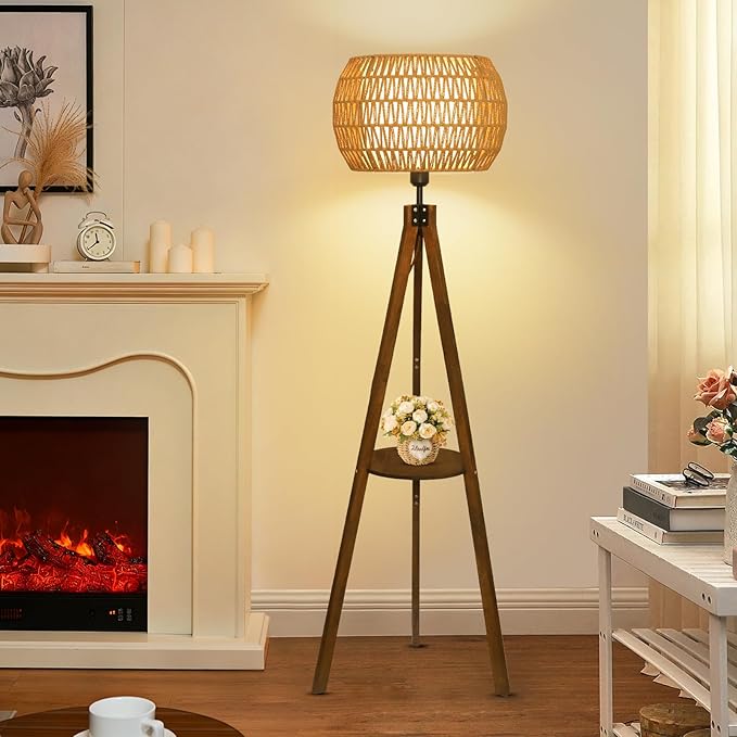 Boho Tripod Floor Lamps for Living Room, Wood Floor Lamp with Shelf, Mid Century Modern Standing Lamp with Rattan Shades, Foot Switch, Rustic Farmhouse Tall Lamps for Bedroom Office, Brown