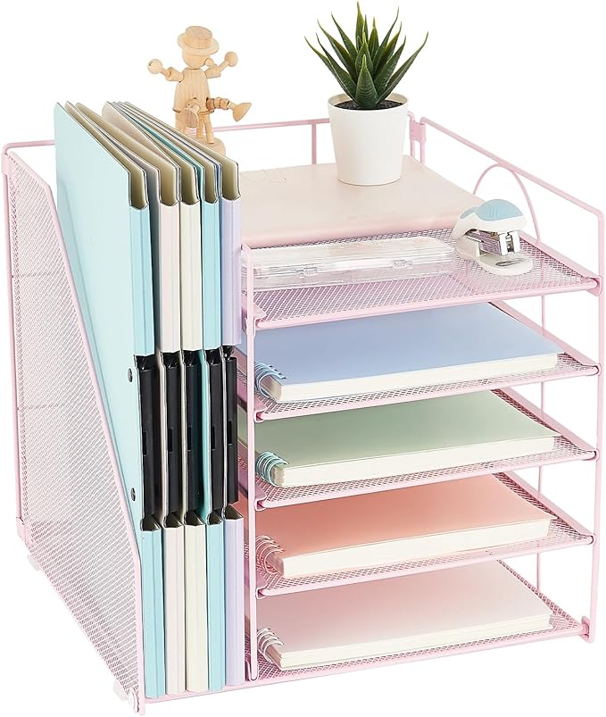 AUPSEN Desk File Organizer, 5-Tier Paper Letter Tray with File Holder Multifunction Office Supplies and Accessories for Office School Home (Pink)
