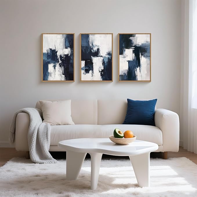 HLNIUC Navy Blue Abstract Wall Art Set of 3, Gray White Modern Neutral Art Decor(16x24), Minimalist Brush Strokes Wall Painting, Dark Geometric Textured Canvas Prints for Living Room, Bedroom, Office