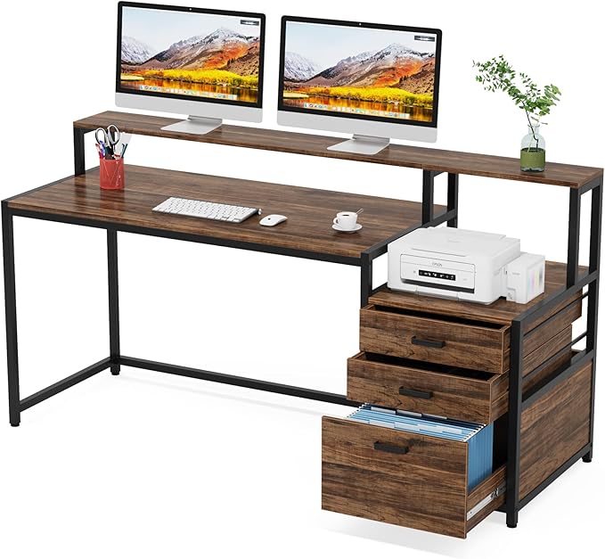 Tribesigns 63 Inch Computer Desk with File Drawer Cabinet, Ergonomic Office Desk with Monitor Stand, Industrial Computer Table with Printer Space, Wood PC Table Workstation Desk for Home Office