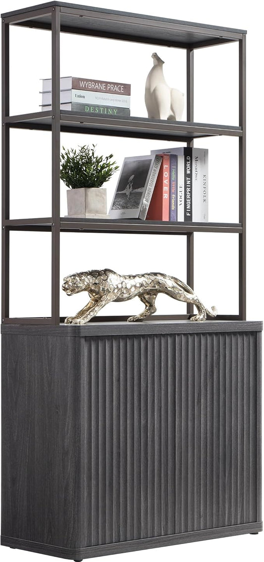 SICOTAS Book Shelf Fluted Bookshelf 71" Tall Bookcase with Doors Storage 5 Tier Mid Century Modern Bookshelves Large Shelves Metal Book Cases for Living Room Office Bedroom Kitchen Library