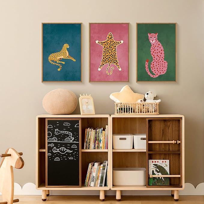 Ausril Cheetah Animals Framed Canvas Wall Art Set, Leopard Preppy Room Wall Decor, Modern Boho Cats Wall Painting, Pink Dot Cartoon Art Print for Living Room Bedroom Dinning Room Office 16"x24"x3