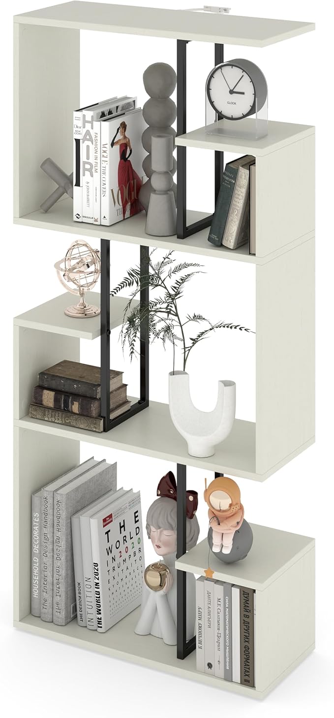 Manora 3 Tier Geometric Bookcase, S Shaped Bookshelf, Modern White Bookcase with Tall Display Shelves, Decorative Storage Shelf for Living Room and Bedroom
