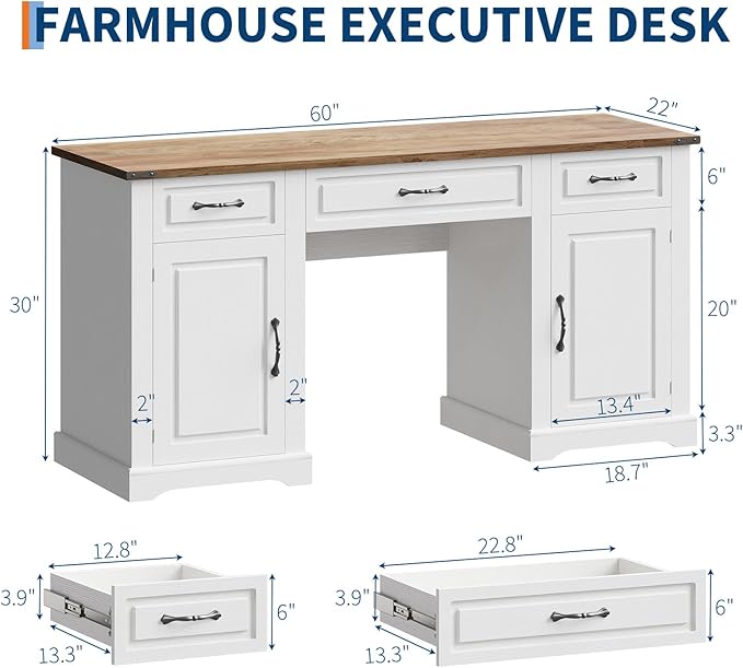IDEALHOUSE 60" Farmhouse Executive Desk with Drawers, Wood Home Office Desk with Storage Cabinet, Rustic Computer Writing Desks for Home, Study, Work, Antique White