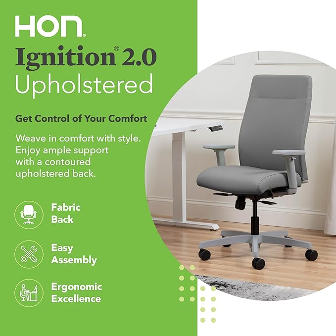 HON Ignition 2.0 Fabric Office Chair, Upholstered, Adjustable Arms, Standard Synchro-Tilt Recline Executive Ergonomic Office Chair, Titanium Frame, Frost