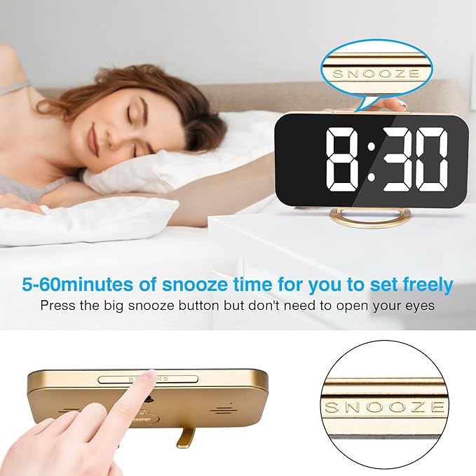 Sukeen Digital Alarm Clock,6" Large LED Display with Dual USB Charger Ports | Auto Dimmer Mode | Easy Snooze Function, Modern Mirror Desk Wall Clock for Bedroom Home Office for All People (Gold)
