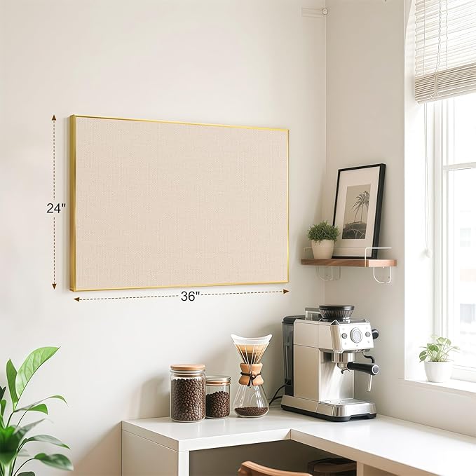 Linen Bulletin Board 36 x 24 Inches, White Cork Board for Wall, Gold Aluminum Framed Fabric Pin Board Tack Board, 10 Push Pins, Beige