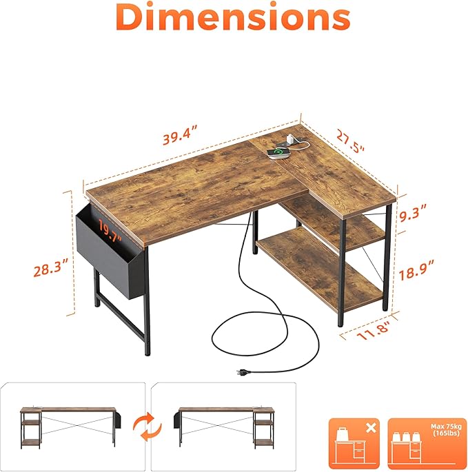 Mericonia Small L Shaped Computer Desk with Power Outlets, Reversible Gaming Desk with Storage Shelves, Corner Gamer Desk Table, Study Writing Table