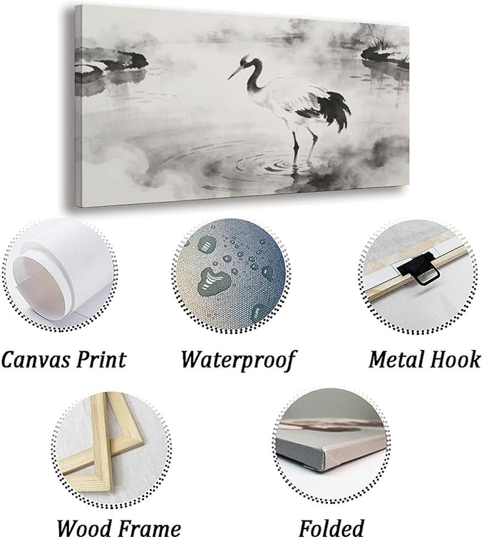 Black White Crane Framed Canvas Wall Art for Bathroom, Bird Wall Decor 24" L x 12" W
