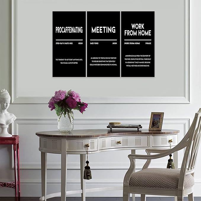 3 Piece Inspirational Canvas Wall Art, Quotes "Procaffeinating - Meeting - Work From Home" Motivational Print Pictures, Triptych Entrepreneur Poster Framed Artwork for Men Women Room Decor(36"Wx18" H)
