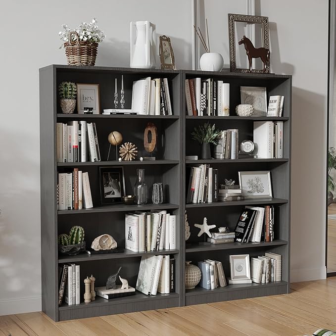 5 Tier Wooden Bookshelf, 60" H Tall Book Shelf with Adjustable Shelves, 33" Wide Bookshelf for Home Office, Living Room