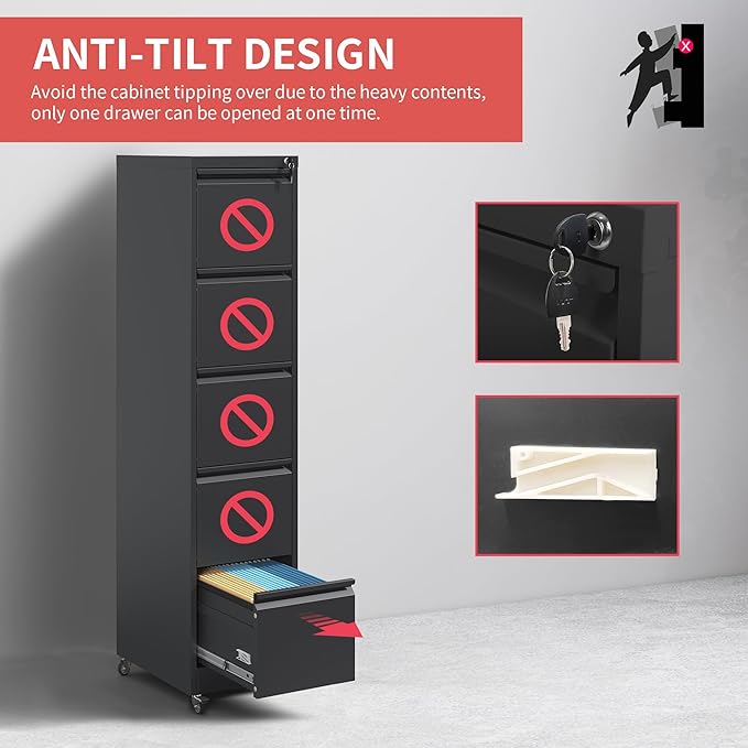 5 Drawer File Cabinet with Wheels,Metal Mobile Filing Cabinets with Lock,Black Vertical File Cabinet for Home Office,Heavy Duty Storage Cabinet for A4/Letter/Legal Size File,Assembly Required
