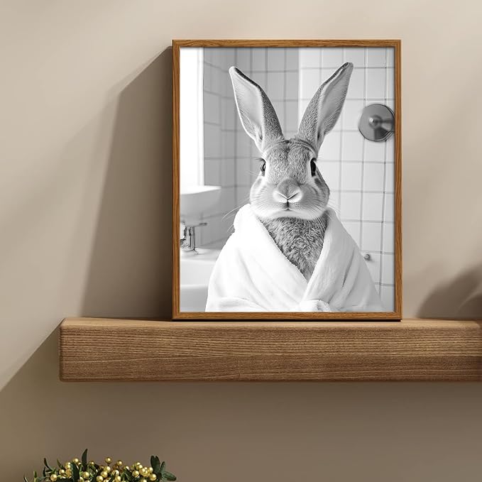 uniro Funny Bathroom Wall Art Prints Black and White Bath towel bunny Bathroom Picture Wall Decor Whimsical Farmhouse Decor Cute Rabbit Animal Canvas Print Painting Modern Bathroom Signs Wall Art Poster for Bathroom Decor( 8" x 10"-UNFRAMED)
