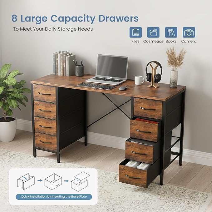 DUMOS 47 Inch Computer Desk with 8 Fabric Drawers, Office Gaming Desk with Storage, Writing Study Table with X-Shaped Reinforced Structure, Rustic Brown