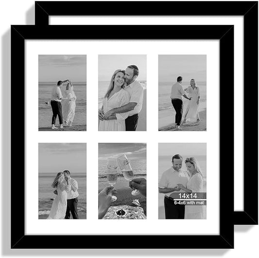 14x14 Picture Frame Set of 2, Black with Glass Collage Frame, Display Photo Six Opening 4x6 With Mat or 14 x 14 Without Mat - Horizontal or Vertical Wall Mounting