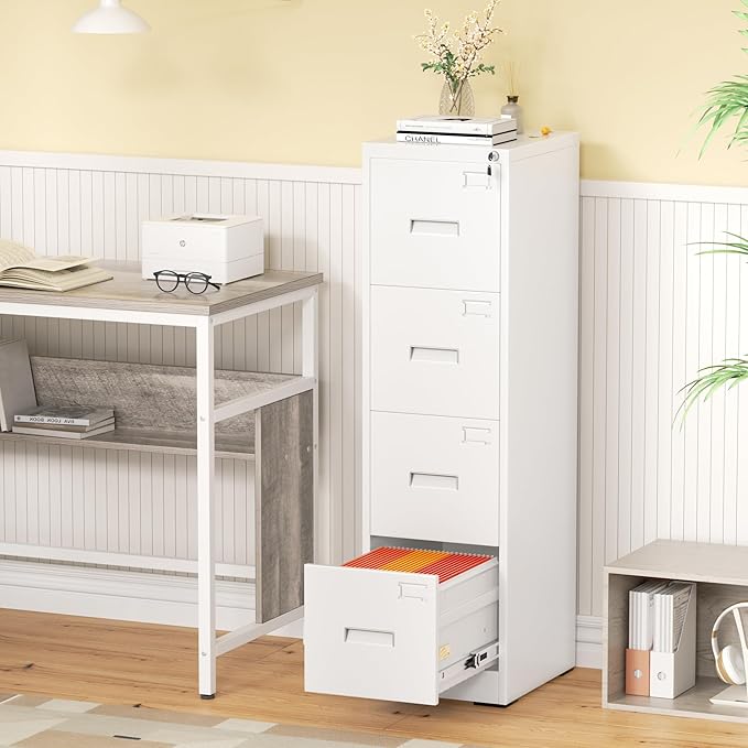 Greenvelly 4 Drawer File Cabinet with Lock, Metal Filing Cabinet for Home Office, Locking Vertical File Cabinet, 18" D File Cabinets for Home Office, Easy Assemble (White)