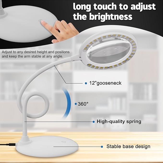 Magnifying Glass with Light and Stand, 5X Magnifying Lamp,Hands Free Desk Magnifying Glass,Desk Magnifiers with Light for Senior, Low Vision, Hobbies, Crafts