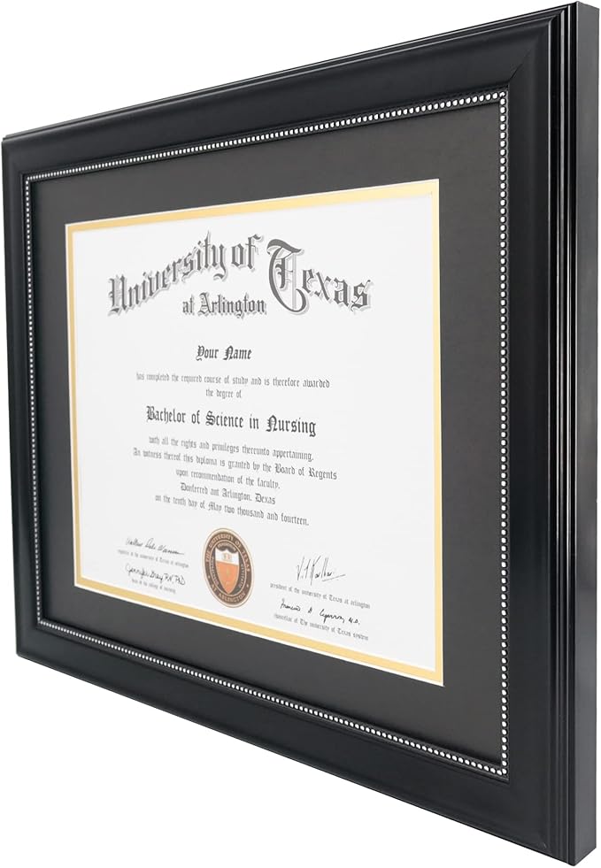 GraduationMall 8.5x11 Diploma Frame with Black over Gold Mat or Display 11x14 Document without Mat, Tempered Glass, Black with Silver Beads, Set of 3