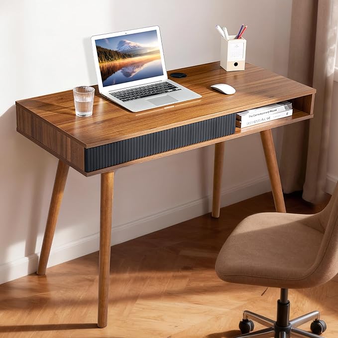 Artswish Mid Century Modern Office Desk with Drawer & Open Cubby, 42.5" Walnut Writing Desk with Cable Grommet, Solid Wood Legs, Simple Home Office Desk for Bedroom Study, Walnut