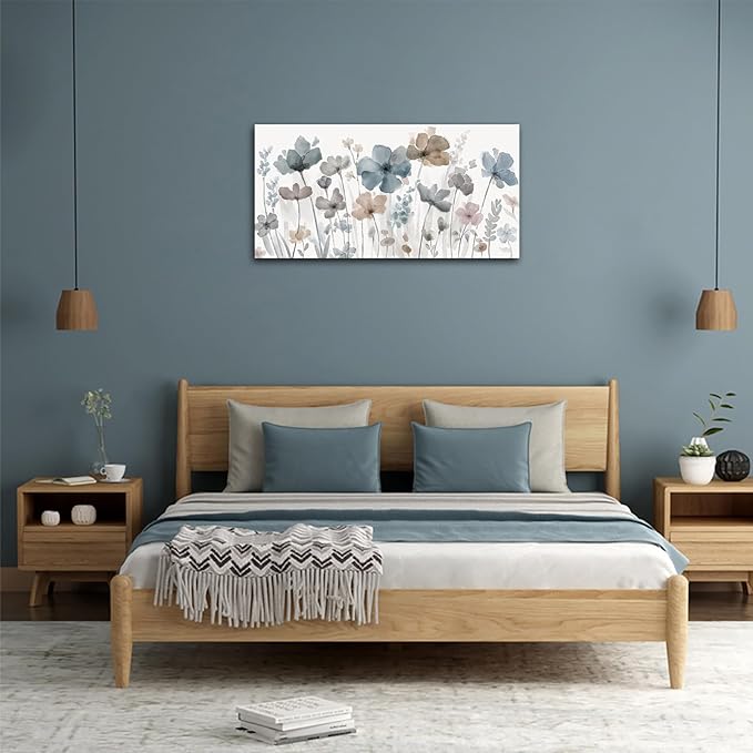 yearainn Elegant Flowers Canvas Wall Art - Floral Pictures for Wall Decor Indigo Brown Grey Canvas Painting Nature Printing Artwork for Living Room Bedroom Home Office Wall Decoration 20" x 40"