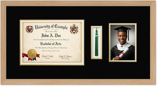 CountryArtHouse Diploma Tassel and Photo Shadowbox Fits 11.69 x 8.27 A4 Certificate with Tassel Hook a Natural Wood Genuine Hardwood with Black Over Metallic Gold Double mat