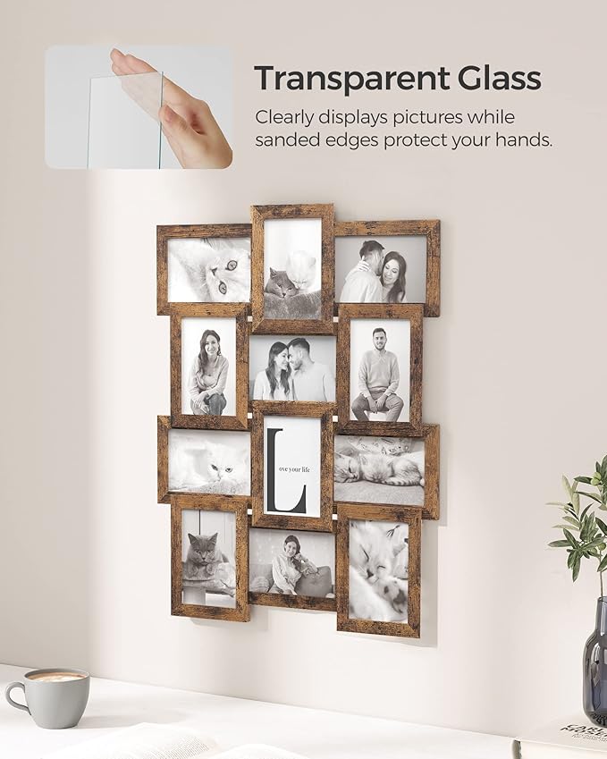 SONGMICS Collage Picture Frames, 4x6 for Wall Decor, Multi Family Photo for Gallery Decor, Hanging Display, Set of 12, Rustic Brown URPF026X01