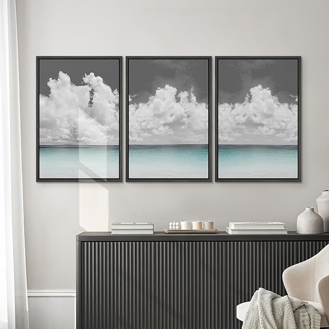 SIGNWIN 3 Piece Framed Canvas Wall Art Clouds Above The Blue Ocean Nature Wilderness Illustrations Abstract Traditional Relax/Calm Home Artwork Decoration for Living Room,Bedroom - 24"x36"x3 Black