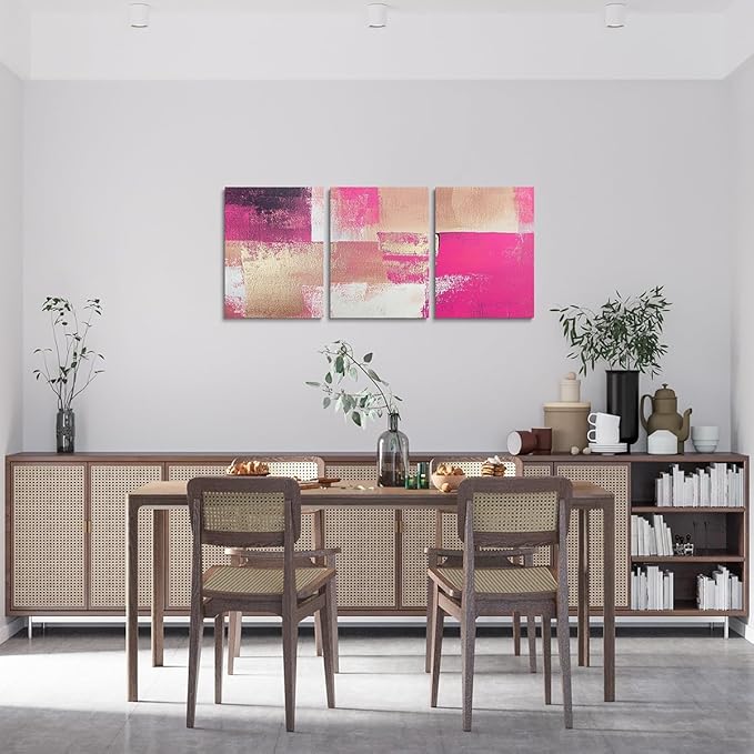 jejeloiu 12"x16"x3pcs Abstract Oil Painting Office Decorations Artwork Posters Abstract Art 3 Piece Canvas Wall Art for Living Room Bedroom Hot Pink Modern Picture Wall Decor