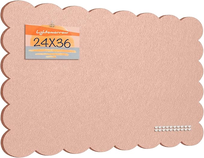 Scalloped Bulletin Board, 36 x 24 Inches Felt Pin Board - Decorative Cork Alternative for Wall, Foldable Picture Self-Adhesive Vision Prayer Board with 20 Pushpins - Mauvey Pink