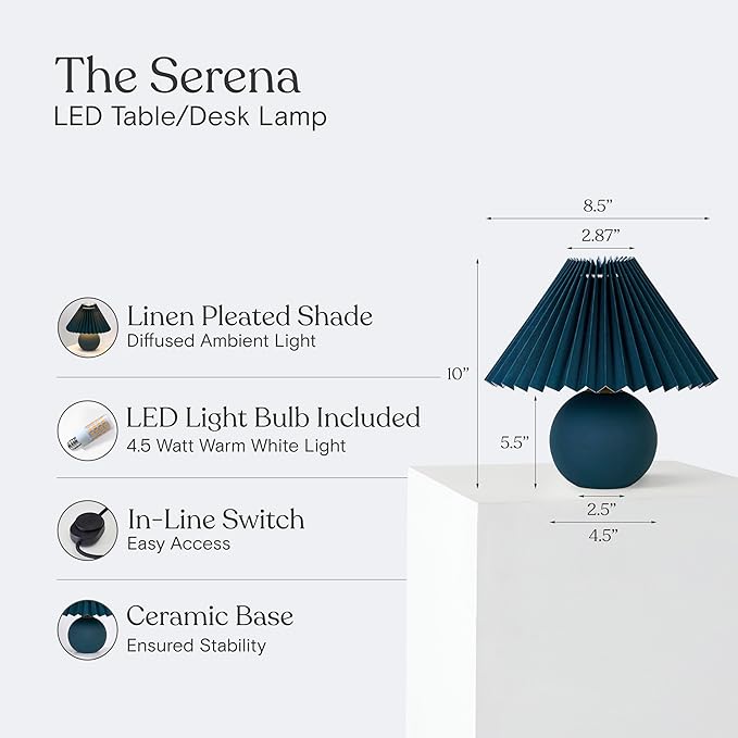 Brightech Serena LED Table Lamp - Small 10" Modern Ceramic Lamp with Pleated Shade for Bedside, Nightstand, Desk - Mini Night Light with Cozy Soft White Light for Living Room, Bedroom - Teal