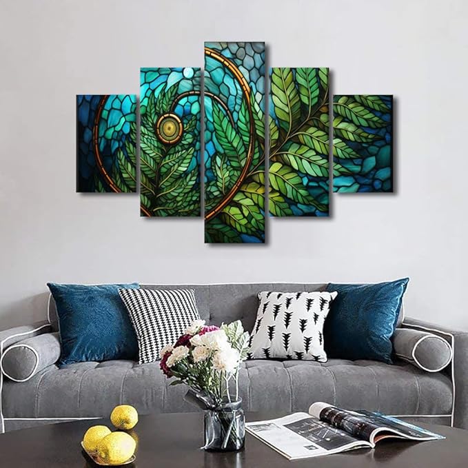 Canvas Wall Art for Home Modern 5 Panel Canvas Poster Stained Glass Style Canvas Wall Art Spiral Green Leaf Picture Prints for Living Room Decoration Stretched and Framed Ready to Hang 60x40 in