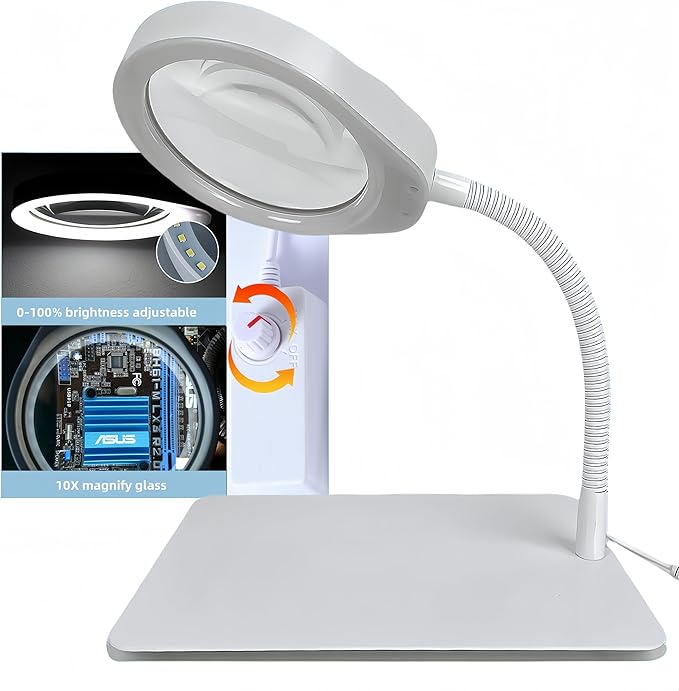 10X Magnifying Glass with Light and Stand,Dimmable Flexible Magnifying Craft Ligh, LED Lighted Magnifier Hands Free for Close Work Craft Reading Painting Hobby(White-04)