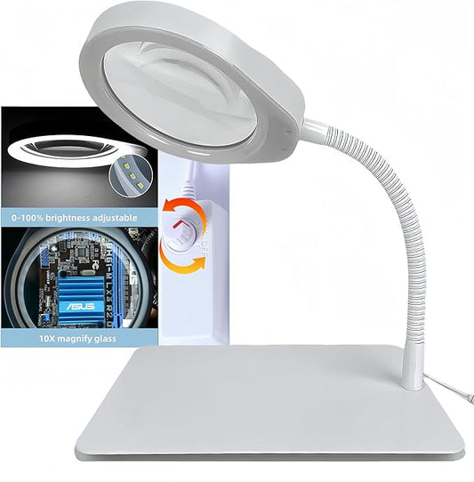 10X Magnifying Glass with Light and Stand,Dimmable Flexible Magnifying Craft Ligh, LED Lighted Magnifier Hands Free for Close Work Craft Reading Painting Hobby(White-04)