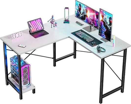 DUMOS L Shaped Desk, Computer Gaming Desks Corner Office Table with CPU Shelf for Home Study Writing Work Station 50 Inch, White