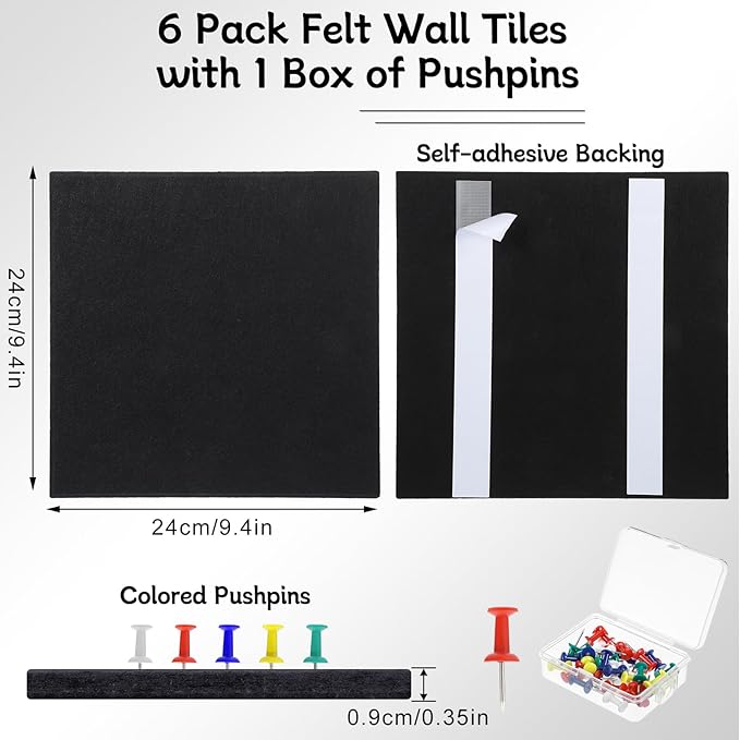 Large Cork Board 28" x 19", 6 Pack Felt Bulletin Board with Pushpins, Cork Boards Alternative with Self-Adhesive Strips, Felt Wall Tiles Pin Boards for Walls Office Home School Decor-Black