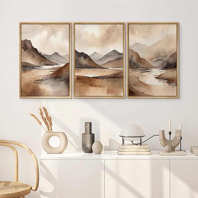 SIGNWIN Framed Canvas Print Wall Art Set Landscape Serene Mountain and River Scene in Warm Earth Tones Illustrations Art Decorative for Living Room, Bedroom, Office - 16"x24"x3 Natural