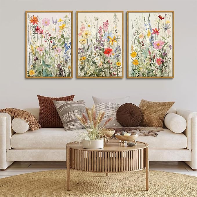 KISSFOX 3 Piece Watercolor Wildflower Botanical Framed Wall Art Colorful Floral Canvas Art Prints Boho Flower Pictures Wall Decor Modern Minimalism Paintings Artwork Girls Bedroom Living Room Bathroom