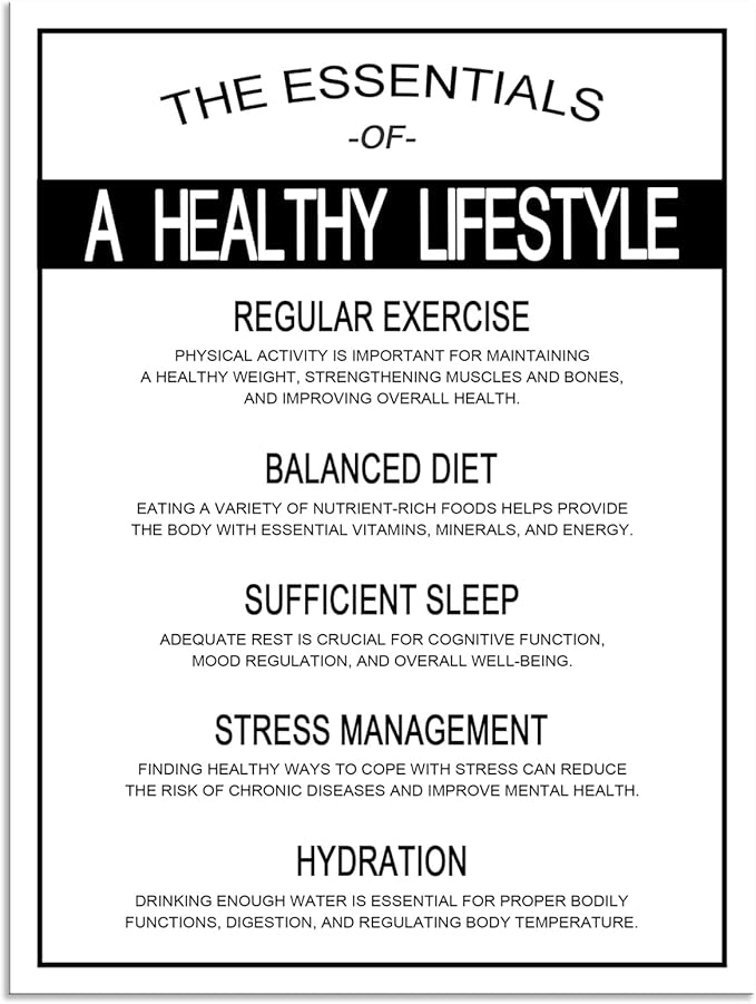 Inspirational Wall Art Healthy Lifestyle Essentials Poster Regular Exercise Balanced Diet Sleep Stress Management Hydration Motivational Wall Decor for Gym Home Classroom Framed [18" W X 24" H]